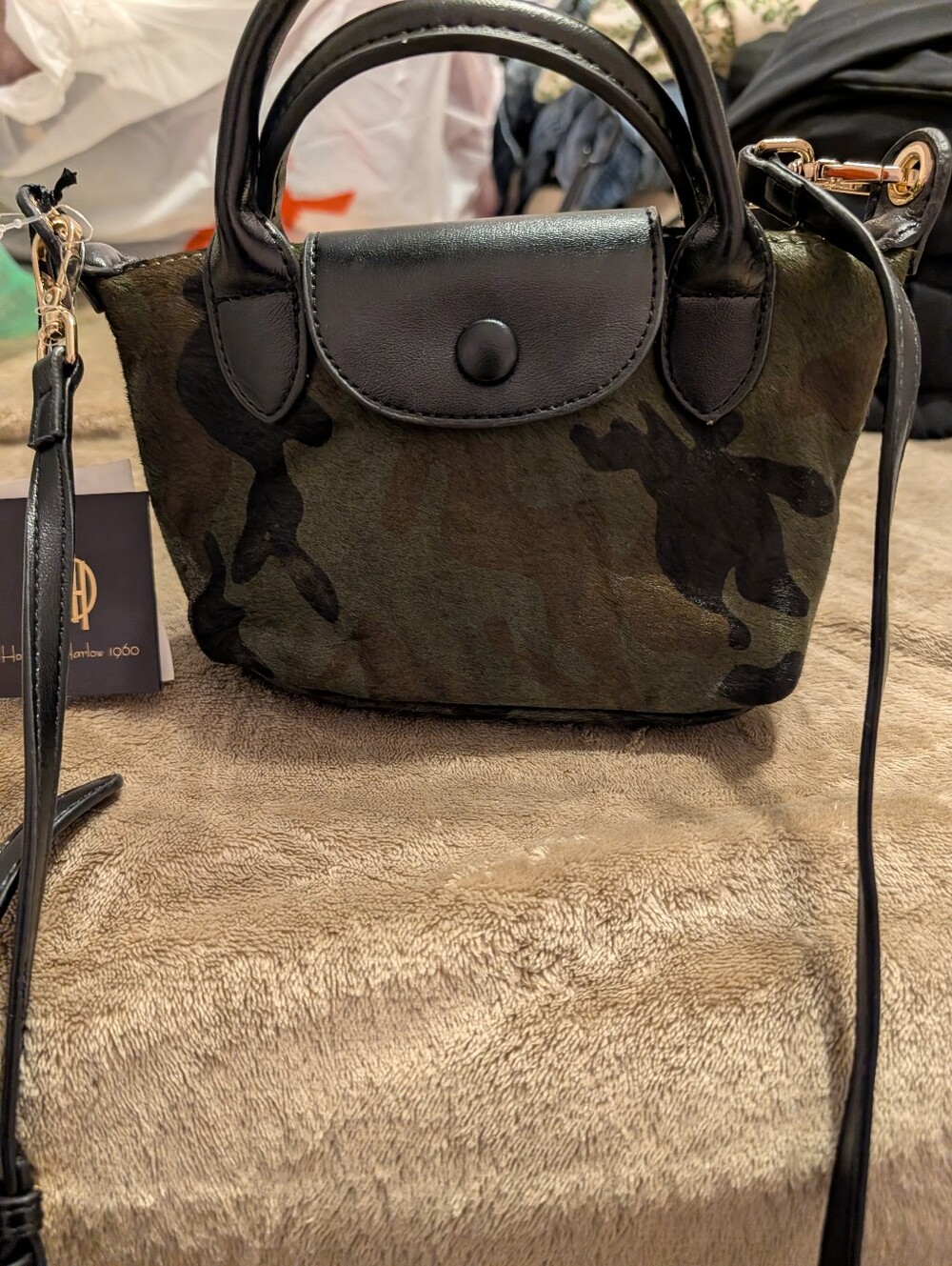 House Of Harlow 1960 Leather-Trim Petable Camo Crossbody Bag - Black & Green